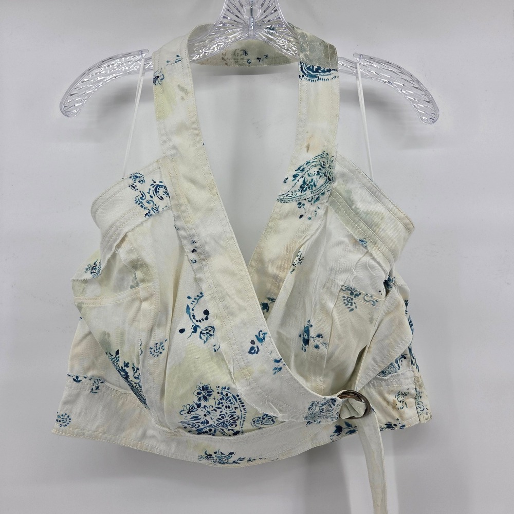 Pilcro Anthropologie Halter Wrap Top XL‎ Blue Floral Boho Eclectic
